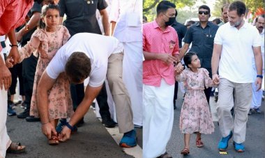 Bharat Jodo Yatra: बच्ची को चप्पल पहनने में मदद करते नज़र आयें राहुल गांधी, अच्छे व्यवहार की हो रही प्रशंसा