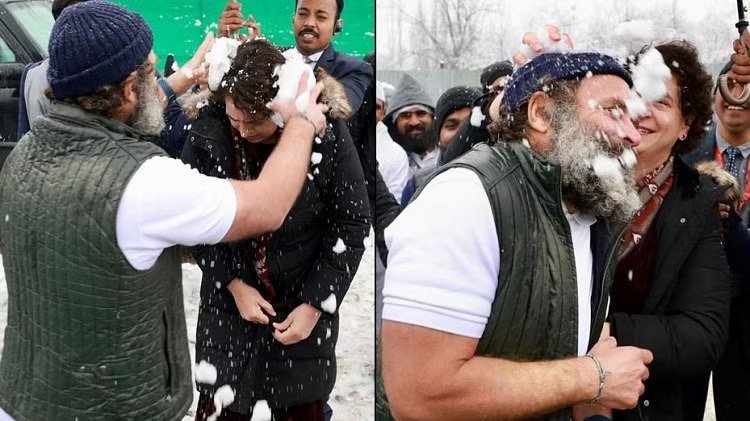 Kashmir: स्नोफॉल का लुत्फ उठाते हुए नजर आए राहुल और प्रियंका गांधी, यात्रा के समापन अवस पर मेगा रैली का आयोजन